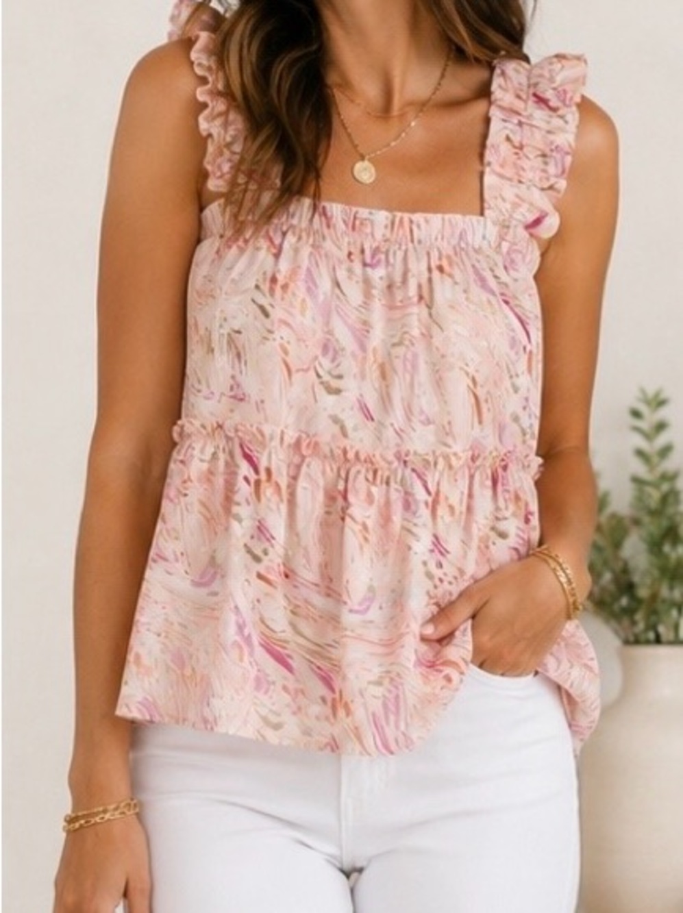 Entro Abstract Print Ruffle Strap Babydoll Tank Top Size Large Boutique
